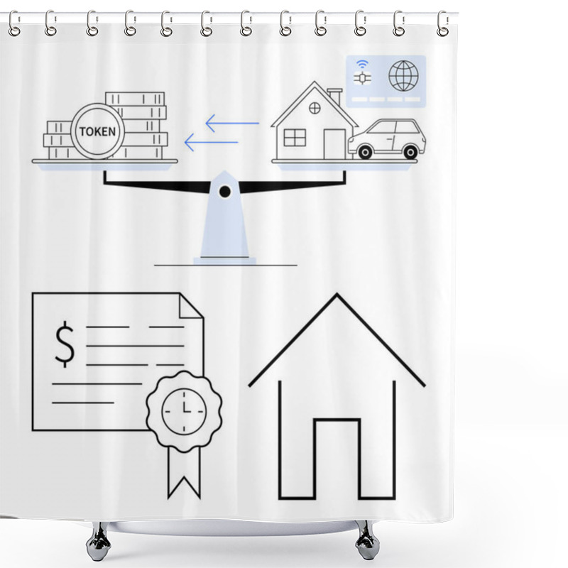 Personality  Tokens And Assets Balanced On A Scale. Additional Elements Include A Certificate, A Timer, And A House. Ideal For Finance, Investment, Real Estate, Value Comparison, Economic Balance Planning Shower Curtains