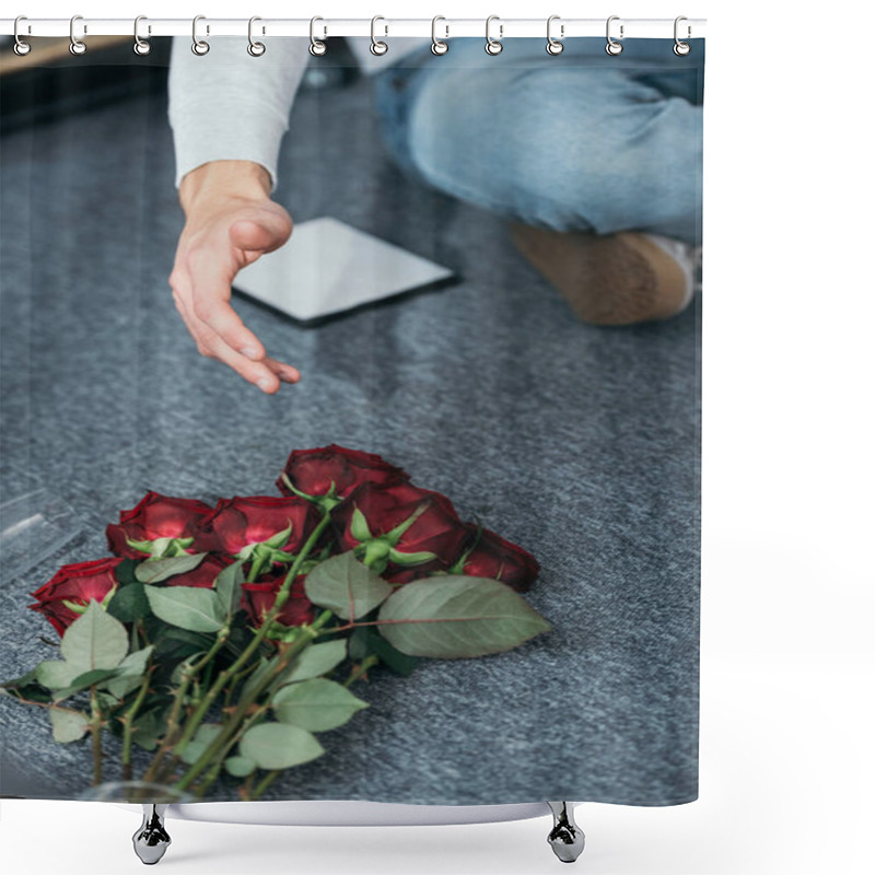 Personality  Cropped View Of Man And Flowers On Floor In Robbed Apartment  Shower Curtains