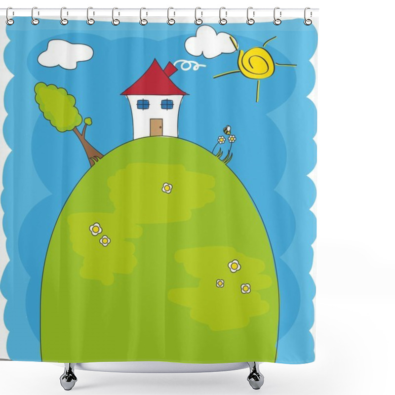 Personality  Childlike Drawing Of A House On Top Of A Mountain Shower Curtains