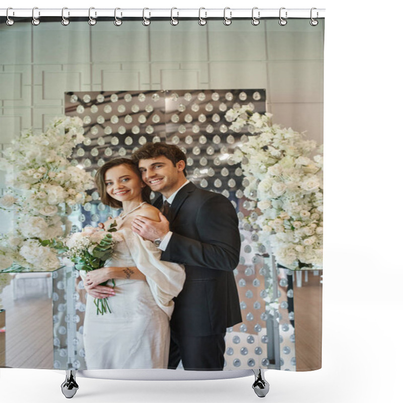 Personality  Cheerful And Elegant Newlyweds Smiling At Camera Near White Floral Composition In Modern Event Hall Shower Curtains