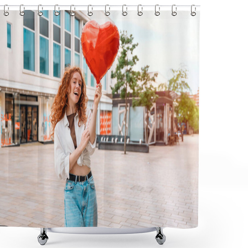 Personality  Cheerful Redhead Woman With Heart-shaped Balloon Walking Around City Shower Curtains