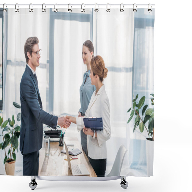 Personality  Happy Employee Shaking Hands With Recruiter On Job Interview  Shower Curtains