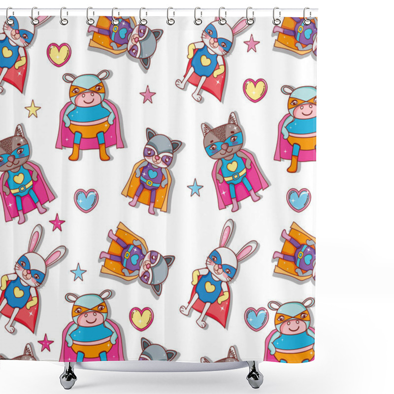 Personality  Superhero Animals Background Pattern Cartoons Vector Illustration Graphic Design Shower Curtains