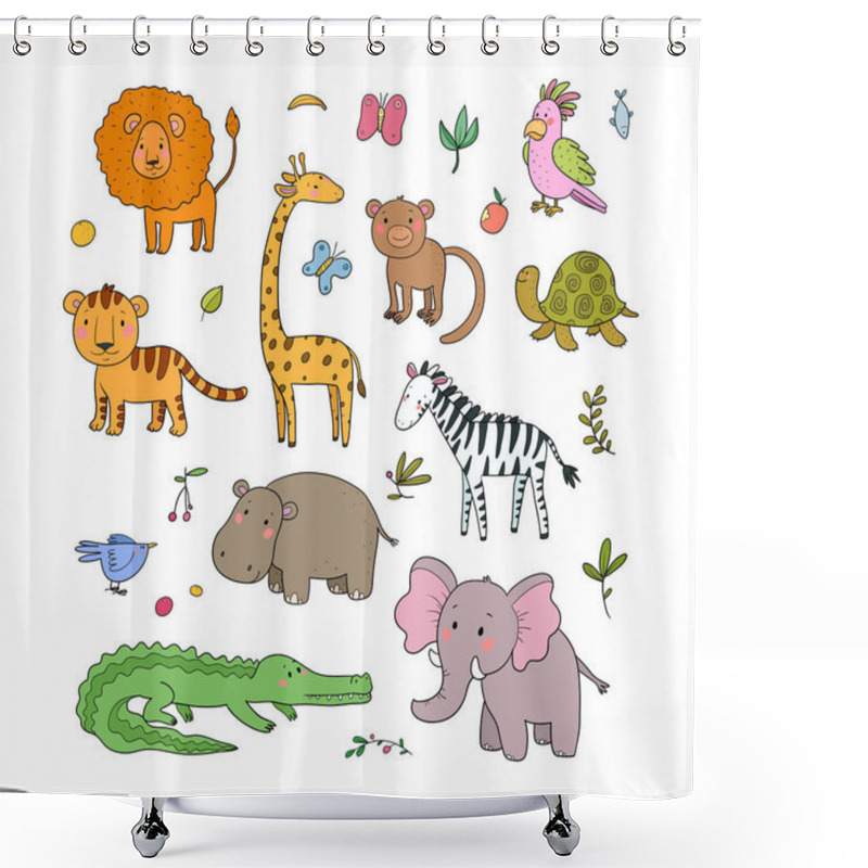 Personality  African Animals. Cute Cartoon Lion And Tiger, Elephant And Zebra, Monkey And Parrot. Fun Zoo. Shower Curtains