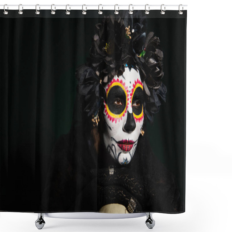 Personality  Woman In Mexican Catrina Makeup And Wreath With Black Flowers On Dark Green Background  Shower Curtains