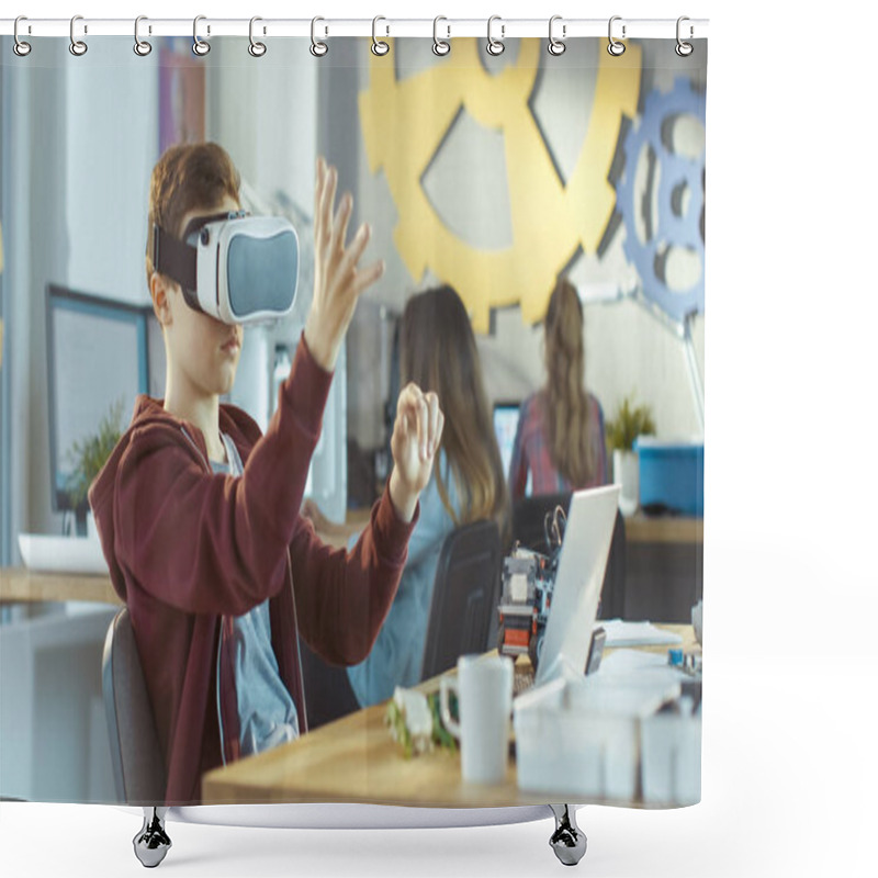 Personality  In A Computer Science Class Boy Wearing Virtual Reality Headset  Shower Curtains