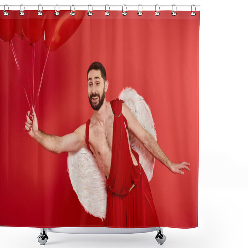 Personality  Smiling Bearded Man In Cupid Costume Posing With Heart-shaped Balloons On Red, St Valentines Day Shower Curtains