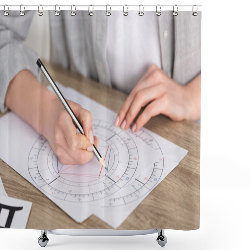 Personality  Cropped View Of Astrologer Drawing Natal Chart On Wooden Table Shower Curtains