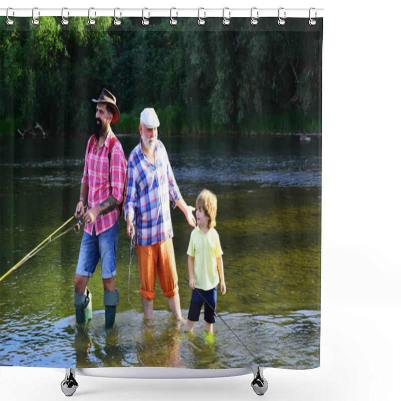 Personality  Fishing Became A Popular Recreational Activity. Summer Weekend. Fly Fisherman Using Fly Fishing Rod In River. Generations Men. Shower Curtains