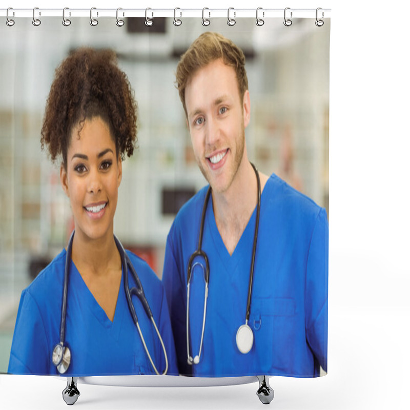 Personality  Young Medical Students Smiling At Camera Shower Curtains