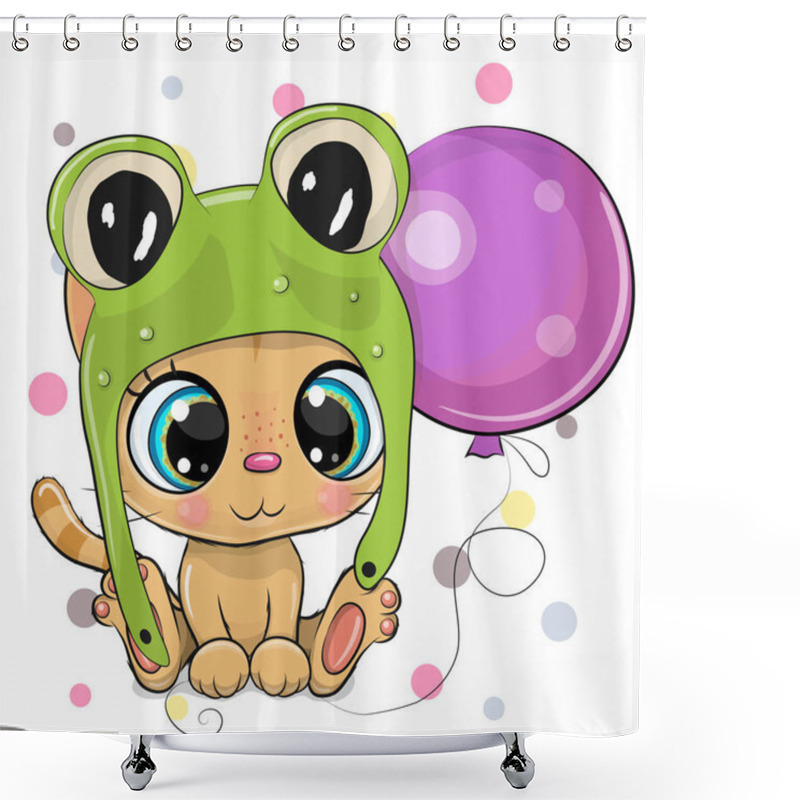 Personality  Greeting Card Cute Cartoon Orange Kitten In A Frog Hat With Balloon Shower Curtains