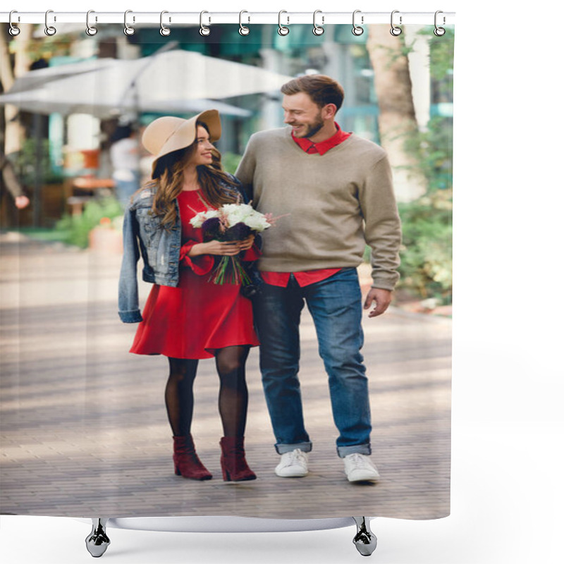 Personality  Happy Man Walking With Attractive Girlfriend In Hat Holding Flowers  Shower Curtains