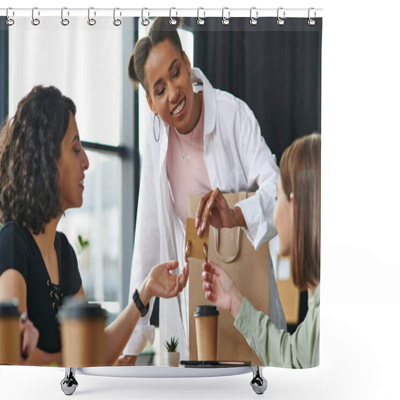 Personality  Satisfied African American Woman Showing New Earrings To Multiethnic Female Friends Near Paper Cups With Takeaway Drinks On Blurred Foreground In Women Club, Sharing Joy And Positive Emotions  Shower Curtains