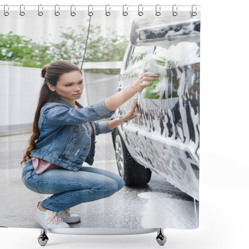 Personality  Attractive Woman Squatting And Cleaning Car At Car Wash With Rag And Foam Shower Curtains