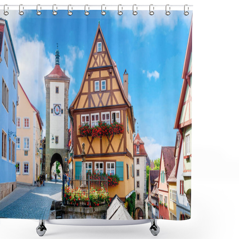 Personality  The Iconic Medieval Ploenlein Scenery With Kobolzeller Steige And Spitalgasse At Rothenburg Ob Der Tauber In The Franconia Region Of Bavaria In Germany Shower Curtains