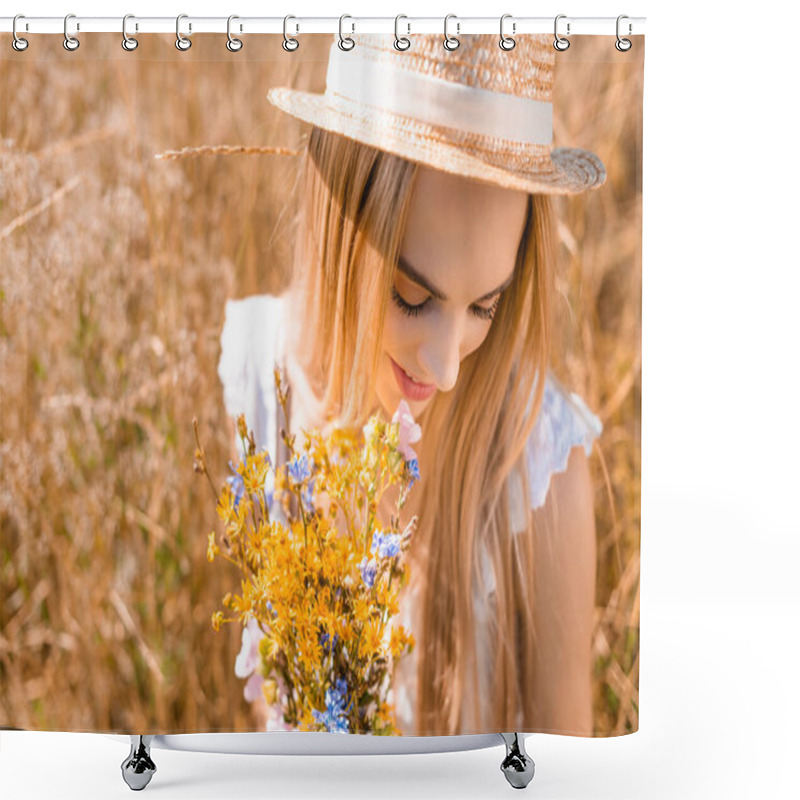 Personality  High Angle View Of Sensual Blonde Woman In Straw Hat Holding Bouquet Of Wildflowers In Grassy Meadow Shower Curtains