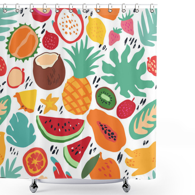 Personality  Minimal Summer Trendy Vector Tile Seamless Pattern In Scandinavian Style. Exotic Fruit Slice, Palm Leaf And Dots. Textile Fabric Swimwear Graphic Design For Print Isolated On White. Shower Curtains