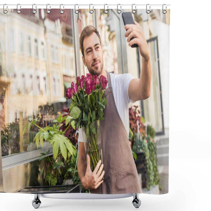 Personality  Handsome Florist Holding Roses In Jar And Taking Selfie With Smartphone Near Flower Shop Shower Curtains