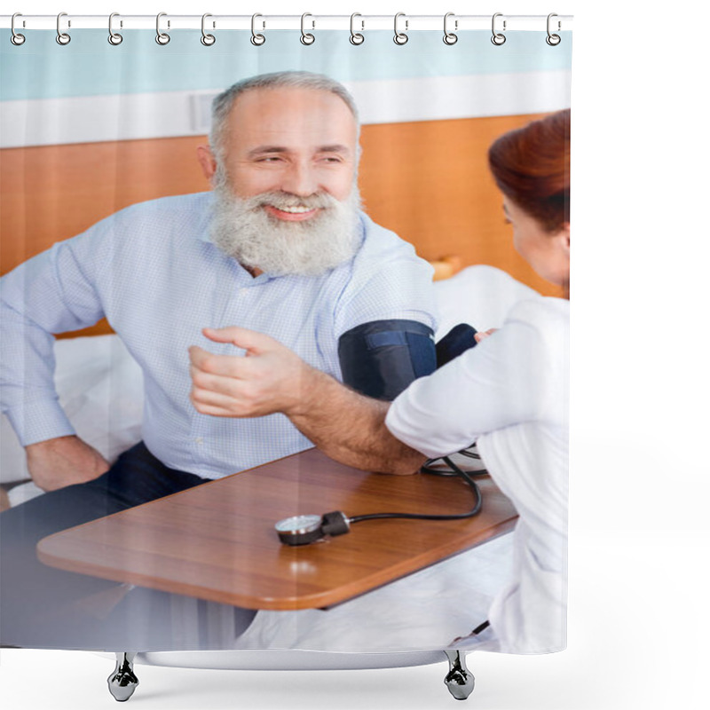 Personality  Doctor Measuring Pressure Of Patient Shower Curtains