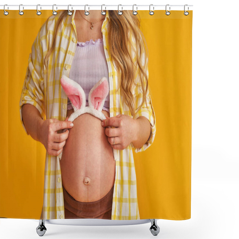 Personality  Close-up, Pregnant Blonde Wearing Bunny Ears On Her Stomach On Easter Day On Yellow Background. Expectant Mother Puts Her Hand On Her Stomach And Prepares For Holiday. Woman Expecting Child In Spring. Shower Curtains