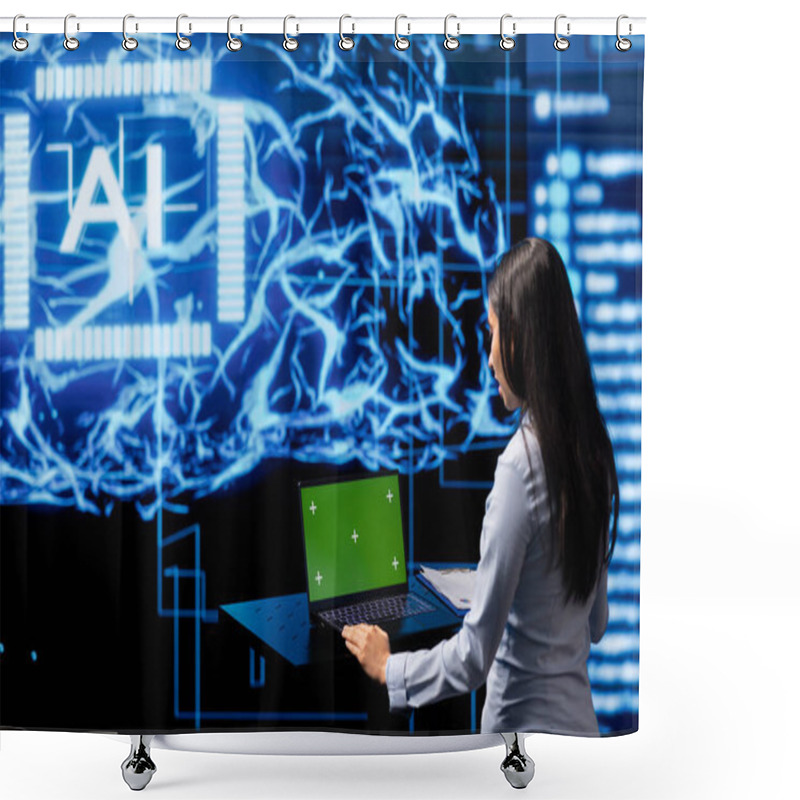 Personality  IT Expert Using Green Screen Laptop And AI Technology For Business Data Analysis In High Tech Setting. Admin Works On Mockup Notebook To Automatize Tasks Using Artificial Intelligence Shower Curtains