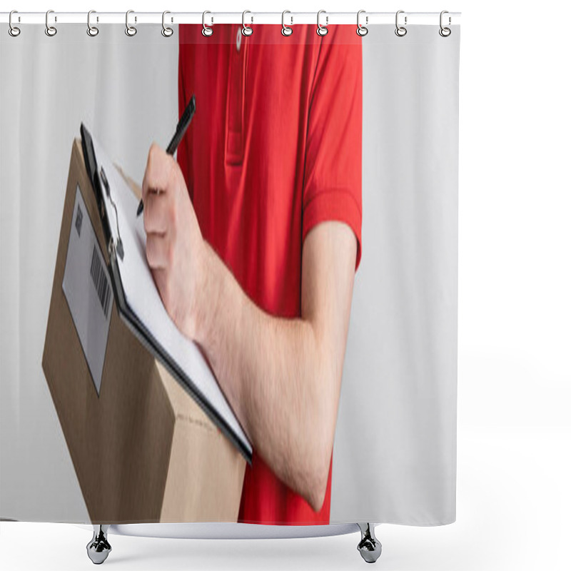 Personality  Cropped View Of Courier Writing On Clipboard And Holding Cardboard Box Isolated On Grey, Panoramic Shot Shower Curtains