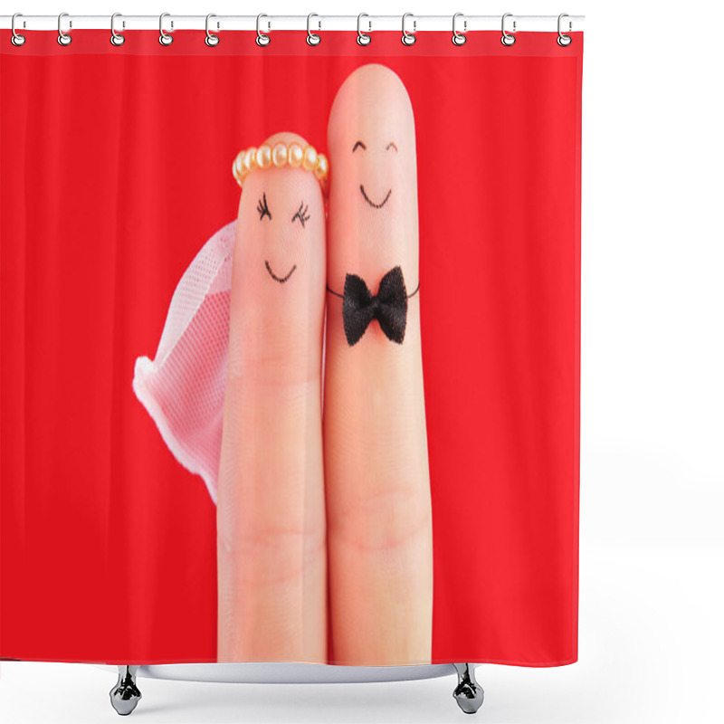 Personality  Newlyweds Hug Painted At Fingers Isolated On Red Background Shower Curtains