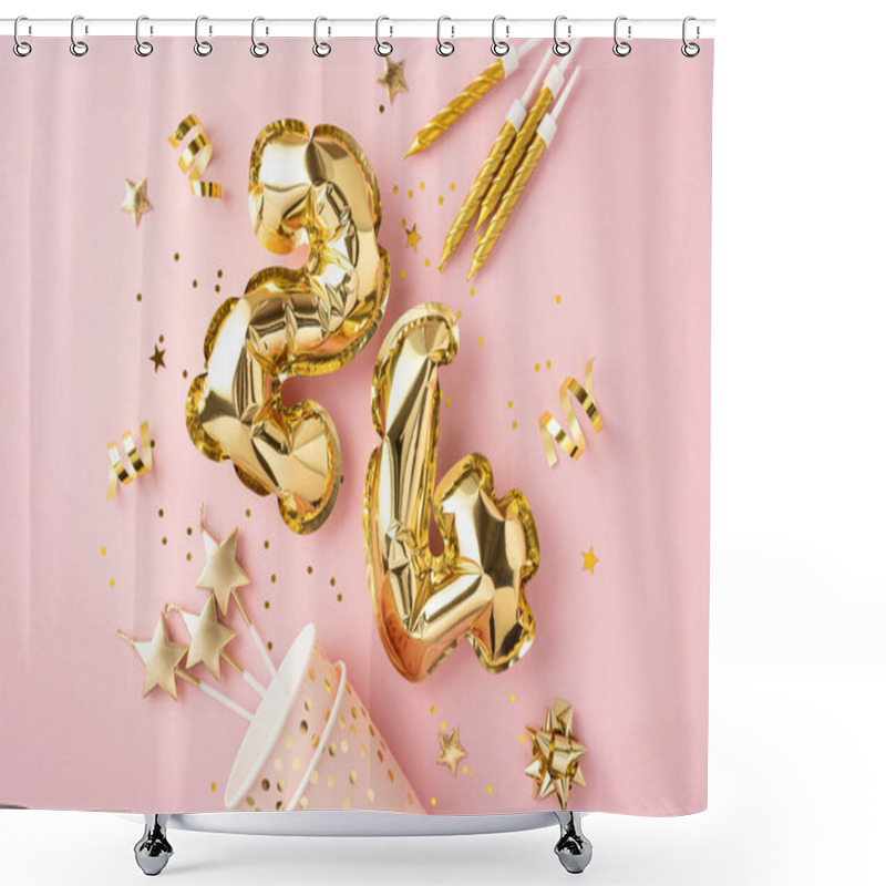 Personality  A Vibrant Display Of Golden Number Balloons And Party Decorations On A Pink Background, Perfect For A Birthday Celebration Shower Curtains