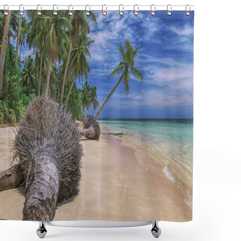 Personality  Beautiful Beach. View Of Nice Tropical Beach With Palms Around. Holiday And Vacation Concept. Tropical Beachat Philippines On The Coast Island Siargao Shower Curtains