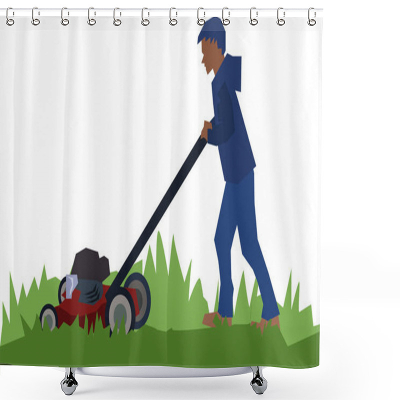 Personality  Young Man With Lawn Mower stock illustration vector  shower curtains