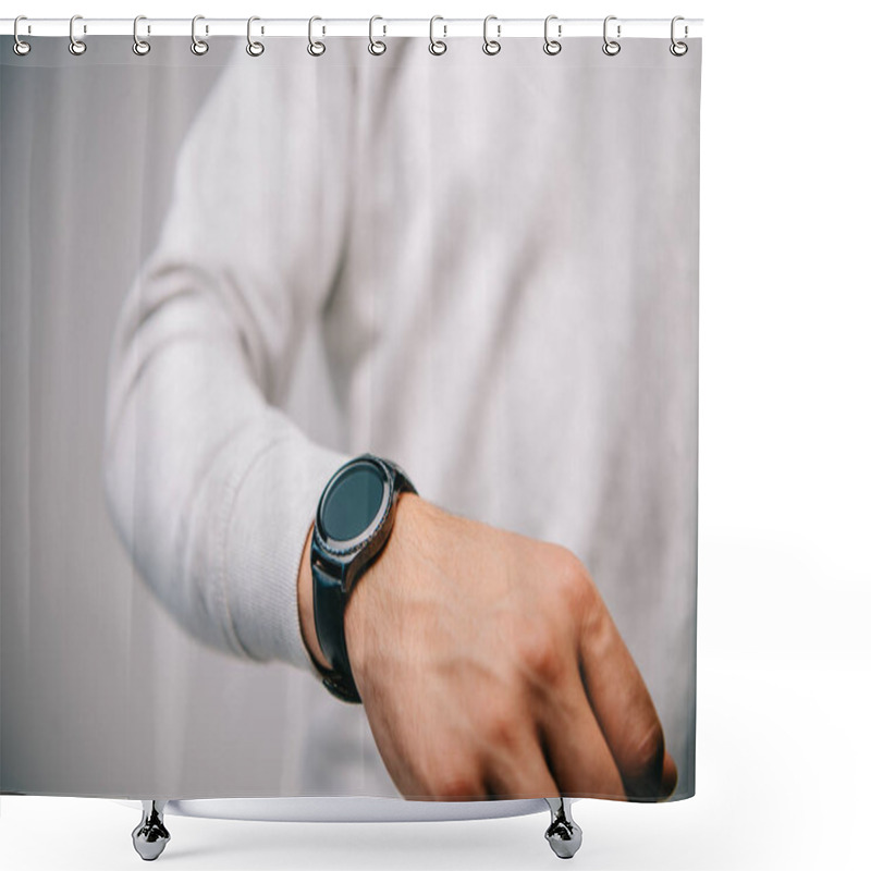 Personality  Partial View Of Man With Wristwatch On Hand Isolated On Grey Shower Curtains