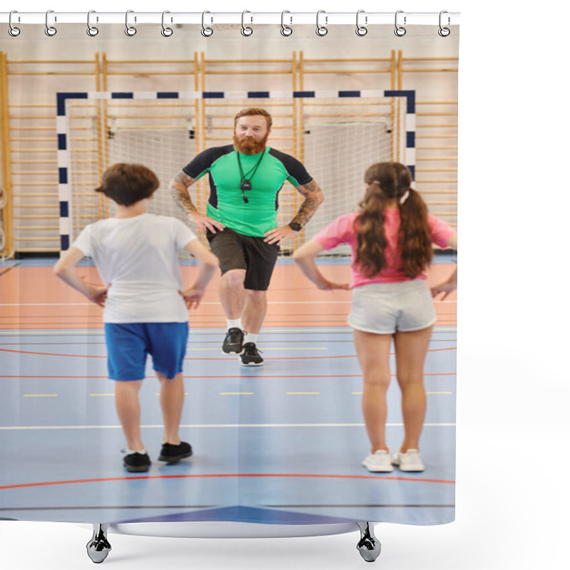 Personality  A Diverse Group Of Kids, Led By A Male Teacher, Exercising Together On A Brightly Lit Gym Floor. Shower Curtains