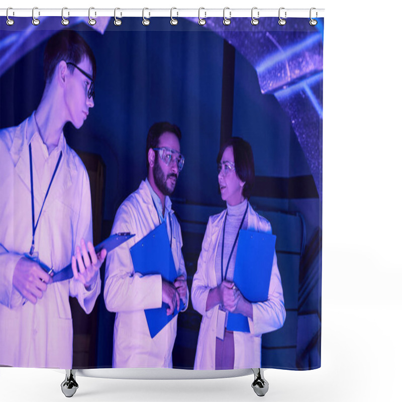 Personality  Futuristic Collaboration: Scientists Of Varied Ages Converge In Neon-Lit Science Center Shower Curtains