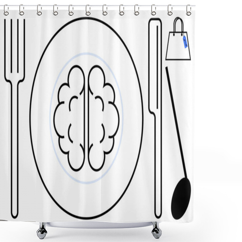 Personality  Fork, Plate With A Brain Illustration, Knife, Spoon, And Shopping Bag. Ideal For Mental Nourishment, Intellectual Consumption, Brain Food, Cognitive Enhancement Culinary Creativity Education Shower Curtains