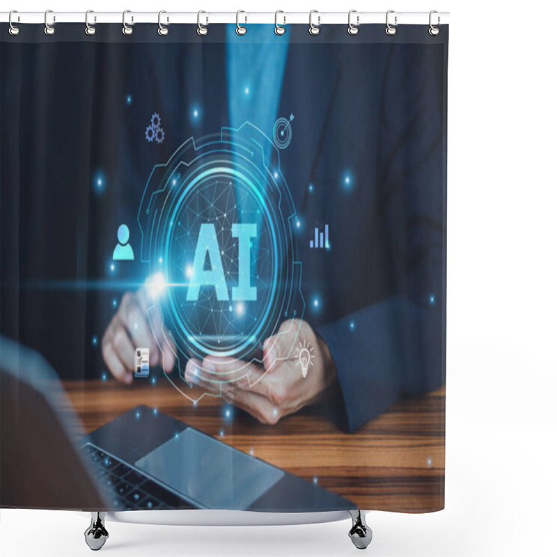 Personality  Businessman Using AI In Cybersecurity To Detect And Prevent Potential Threats, Safeguarding Company Data And Operations. Shower Curtains