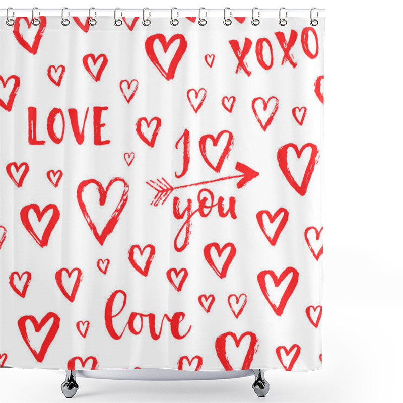 Personality  Vector Fashion Seamless Pattern With Hearts On Happy Valentines Day. Doodle Style Shower Curtains