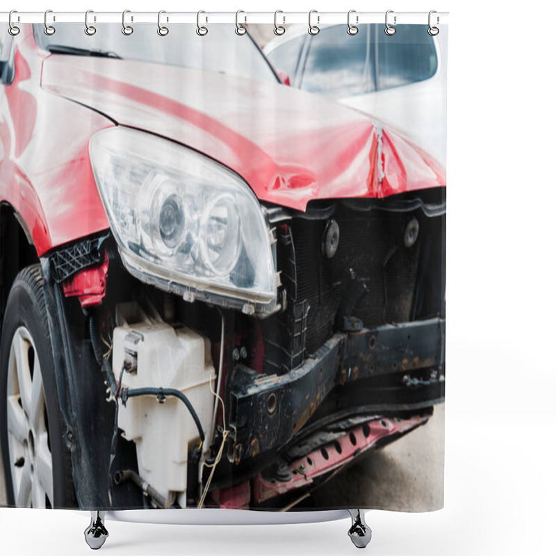 Personality  Selective Focus Of Damaged Red Automobile After Car Accident  Shower Curtains