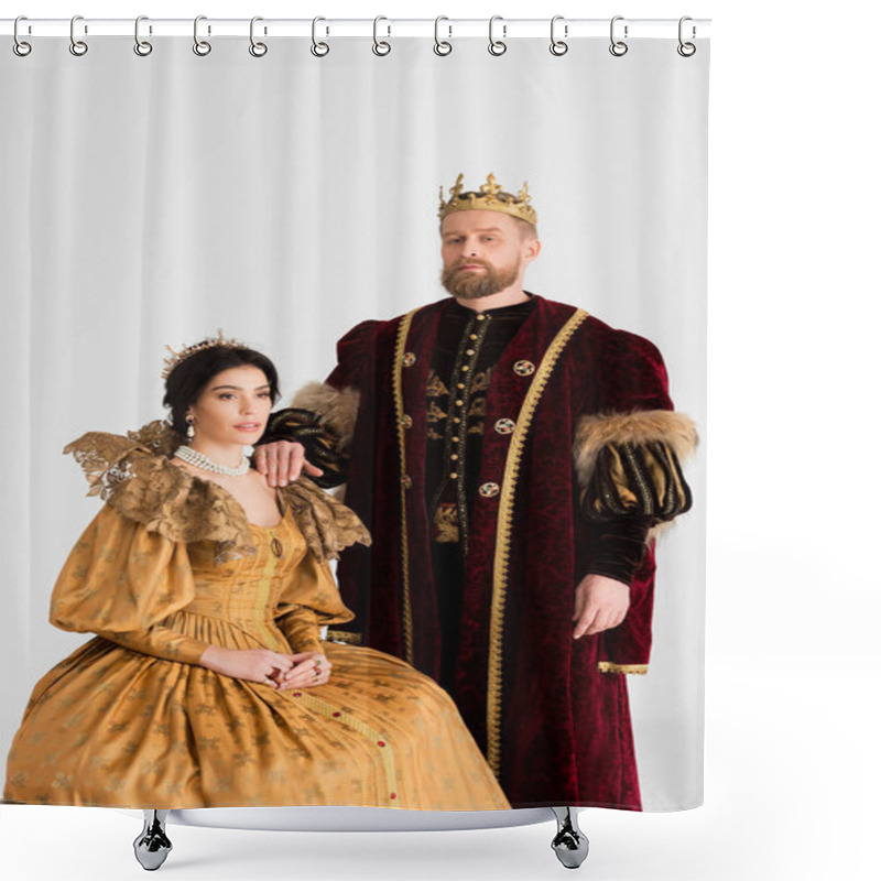 Personality  Queen And King With Crowns Looking At Camera Isolated On Grey  Shower Curtains