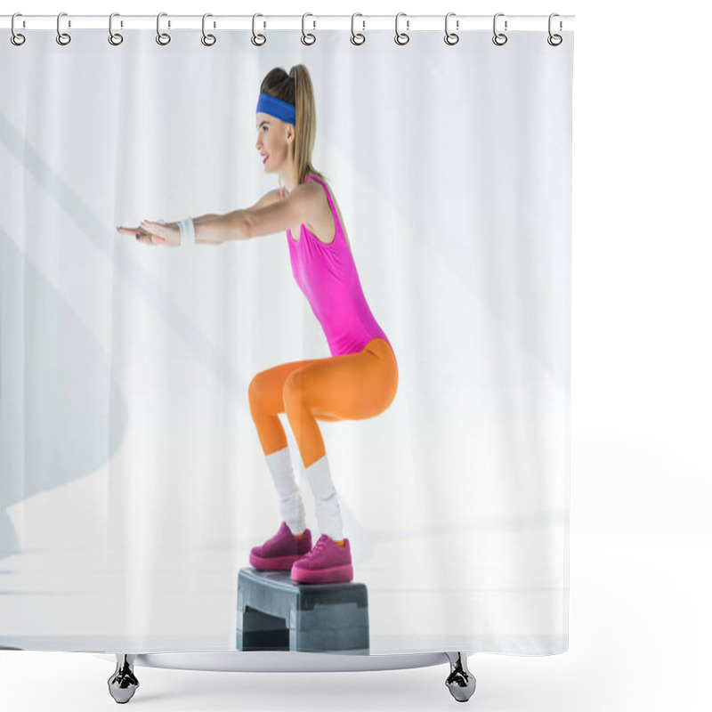 Personality  Smiling Sporty Girl Training On Step Platform And Looking Away On Grey  Shower Curtains