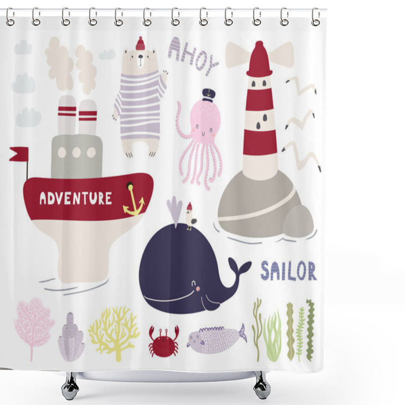 Personality  Sea Set With Cute Funny Animals And Ship With Lighthouse And Seaweed, Hand Drawn Vector Illustration, Scandinavian Style Flat Design, Concept For Children Print  Shower Curtains