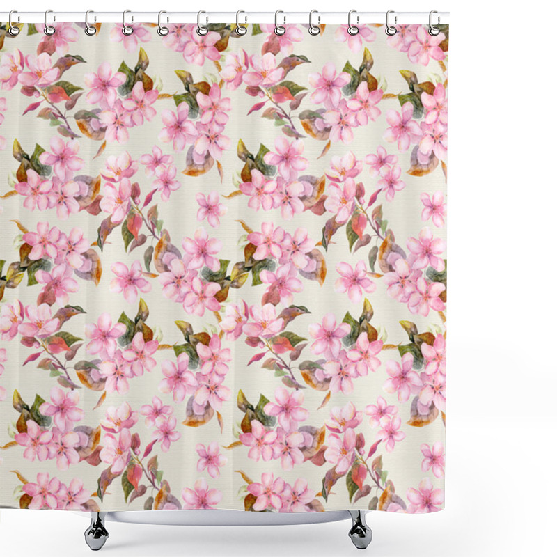 Personality  Retro Pink Apple And Cherry Flowers In Blossom. Seamless Floral Wallpaper. Vintage Watercolor On Paper Background Shower Curtains