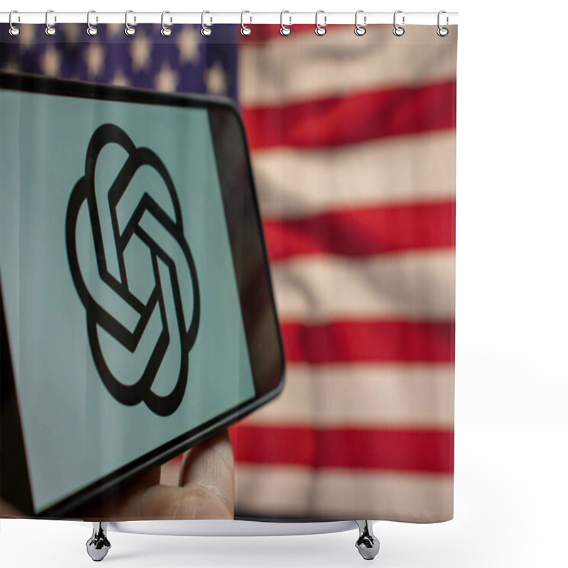 Personality  Warsaw Poland - September 20 2024: A Close-up Of A Smartphone Displaying The OpenAI Logo Against A Backdrop Of The American Flag Symbolizing Technology And Innovation. Shower Curtains