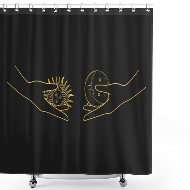 Personality  The Mystical Symbol - Moon And Sun With Face In Hands. Vector Illustration Shower Curtains