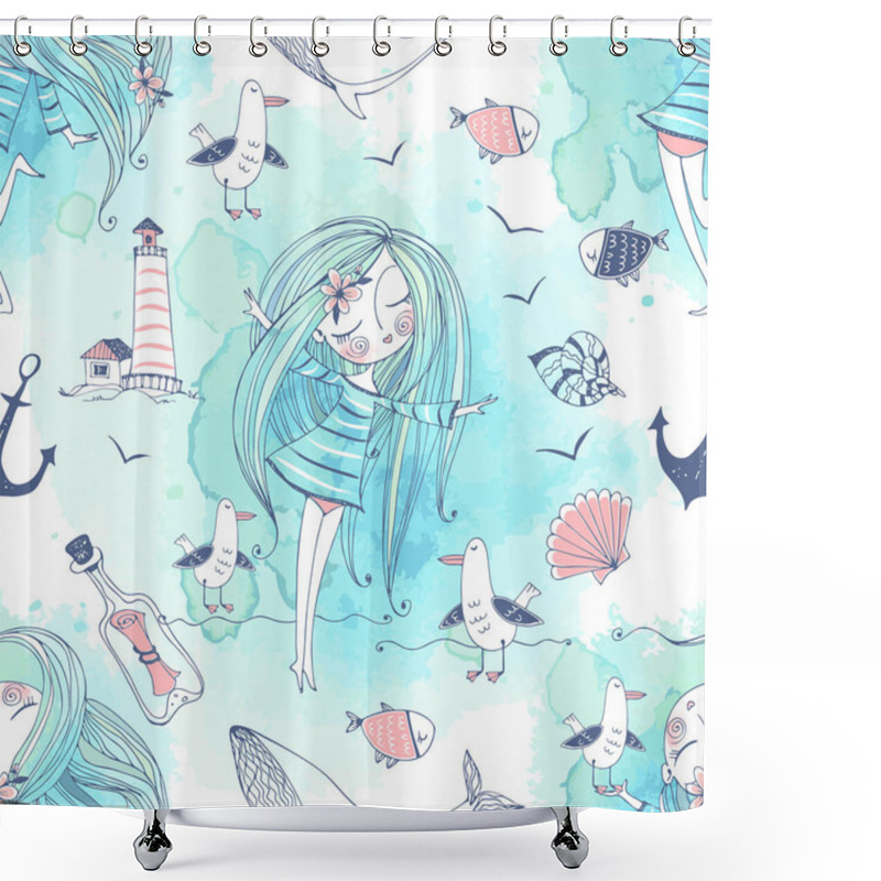 Personality  Seamless Pattern On The Sea Theme With Cute Girls, Whales And Seagulls In A Cute Doodle Style With Watercolors. Vector Shower Curtains