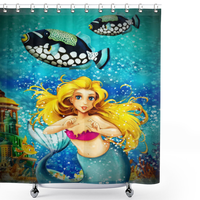 Personality  Cartoon Ocean And The Mermaid In Underwater Kingdom Swimming Wit Shower Curtains