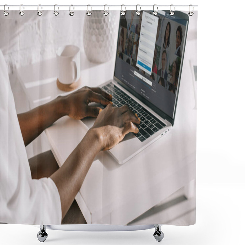 Personality  Cropped View Of African American Woman Typing On Laptop With Linkedin Website Shower Curtains