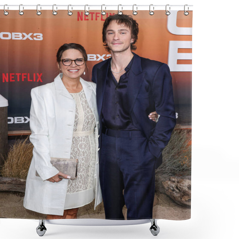 Personality  Jodi Ballard Hutto And Son Drew Starkey Arrive At The Los Angeles Premiere Of Netflix's 'Outer Banks' Season 3 Held At The Regency Village Theatre On February 16, 2023 In Westwood, Los Angeles, California, United States. Shower Curtains