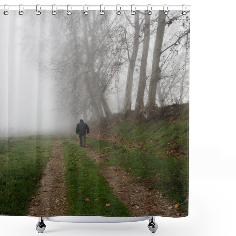 Personality  Leafless Trees In Autumn With A Man Walking Through The Fog. Rural Landscape. Concept Of Solitude Shower Curtains