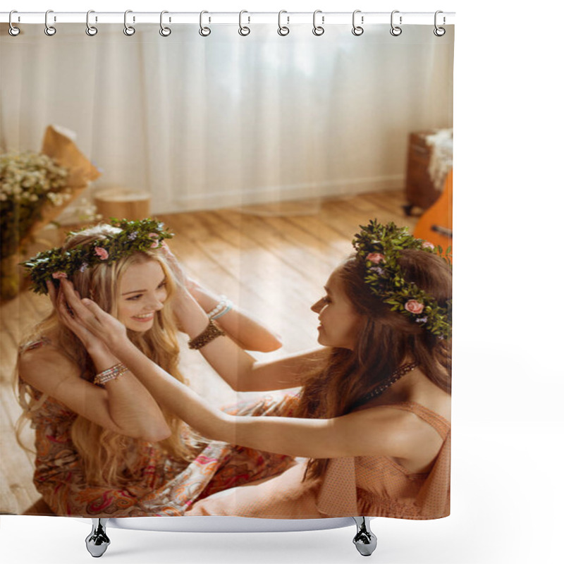 Personality  Bohemian Women In Floral Wreaths Shower Curtains