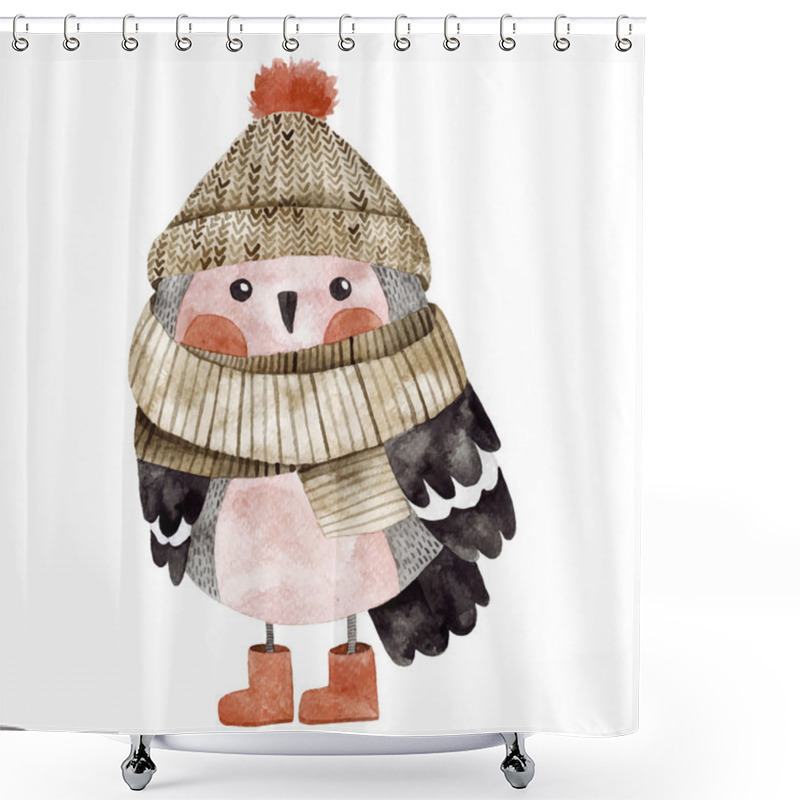 Personality  Little Cute Bullfinch With Winter Hat And Scarf Shower Curtains